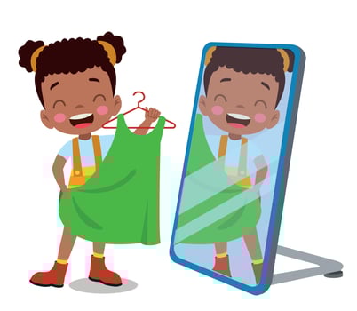 happy little boy standing in front of mirror looking his reflection with new clothes vector
