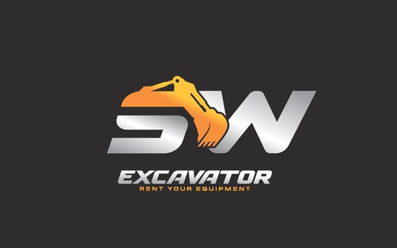 SW logo excavator for construction company. Heavy equipment template vector illustration for your brand.