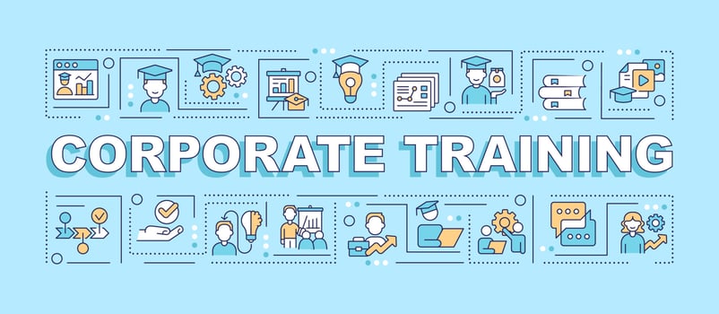 Corporate training word concepts blue banner. Employee student. Infographics with editable icons on color background. Isolated typography. Vector illustration with textd