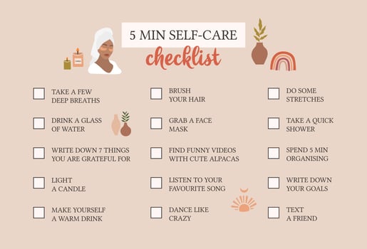 Self care checklist. Self love and self care ideas. Vector