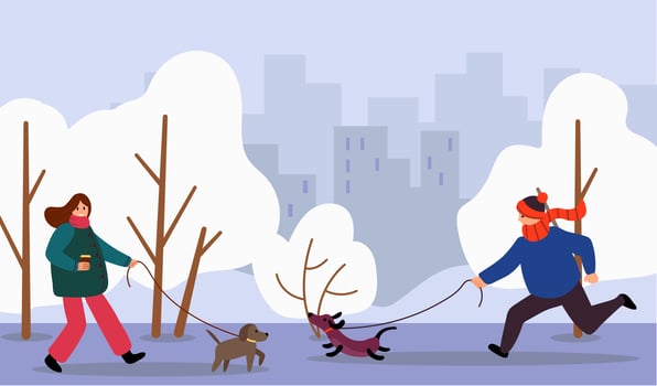 Walk Your Dog Month. People walk their dogs. flat style. vector illustration.