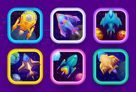 Cartoon space game vector app icons with starships