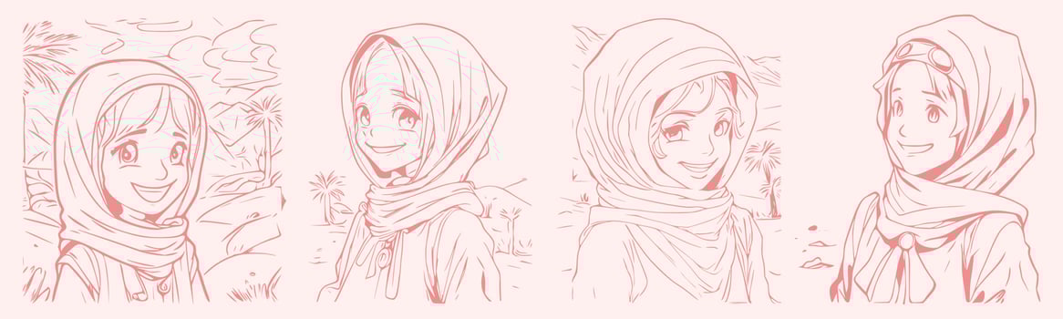 Set of stylish and trendy hijab woman hand-drawn. Modern abstract faces fashion hijab girl vector