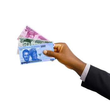 Black hand with suit holding New Nigerian Naira notes isolated on trasparent background, 3d rendering png