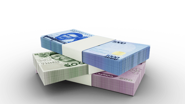 3d rendering of Stack of new 1000, 500 and 200 Nigeria Naira notes. Few bundles of naira currency isolated on transparent background png