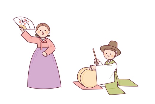 A cute character wearing a hanbok is singing pansori, a traditional Korean song. The conductor is beating the drums. vector