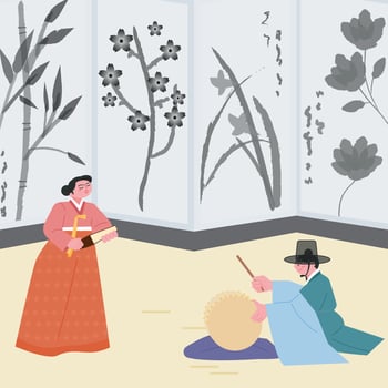 A stage with oriental screens. A singer is singing a traditional Korean song. The conductor is beating the drums. vector