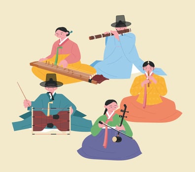 Korean traditional music quartet. People wearing hanbok are playing gayageum, daegeum, janggu, haegeum, and piri. vector