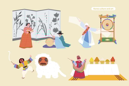 Korean traditional cultures. Pansori, monk dance, lion mask dance, shaman's exorcism. vector