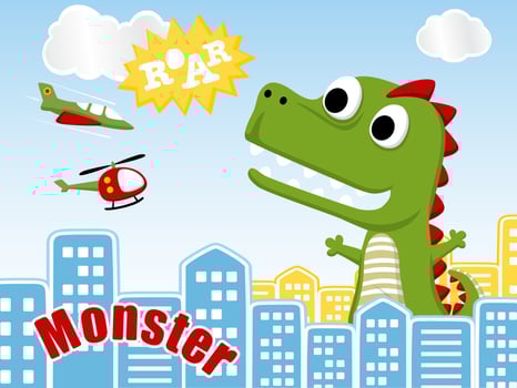 Green monster cartoon vector attack a city, aircraft save city