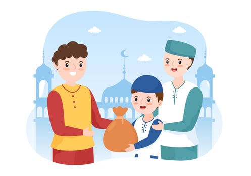 Muslim Kids Giving Alms, Zakat or Infaq Donation to a Person Who Need it in Flat Cartoon Poster Hand Drawn Templates Illustration vector