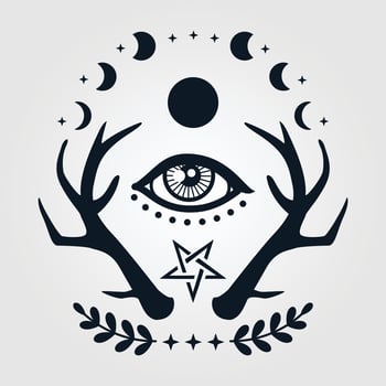 The third eye is surrounded by antlers crescent moon and stars, Halloween witchcraft vector print.