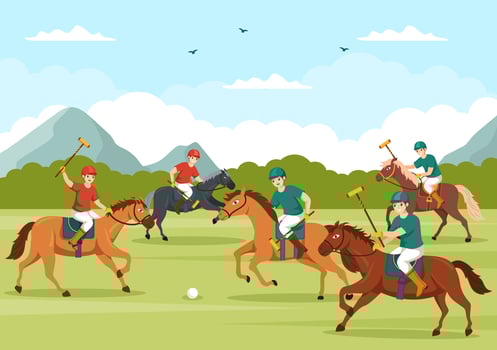 Polo Horse Sports with Player Riding Horse and Holding Stick use Equipment Set in Flat Cartoon Poster Hand Drawn Template Illustration vector