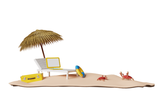 beach chair with umbrella, palm tree, lifebuoy, seaside, crab, suitcase isolated. summer travel concept, 3d illustration or 3d render png