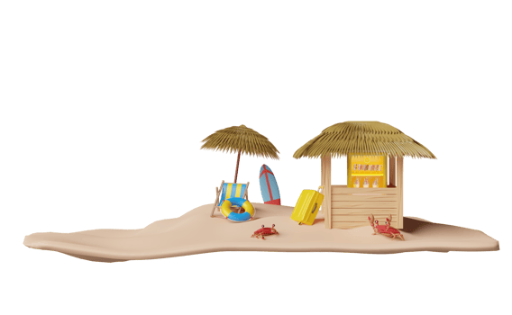 shop store cafe with island, ice cream showcases or fridge, suitcase, umbrella, palm tree, lifebuoy, beach chair, umbrella, summer travel concept, 3d illustration or 3d render png