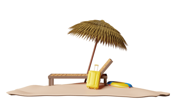 beach chair with umbrella, palm tree, lifebuoy, seaside,  suitcase isolated. summer travel concept, 3d illustration or 3d render png