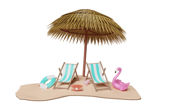 summer travel with beach chair, palm leaf, umbrella, lifebuoy, Inflatable flamingo isolated. shopping summer sale concept, 3d illustration or 3d render png