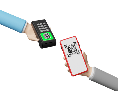 hand holding mobile phone, smartphone with payment machine, pos terminal, electronic bill, qr code scanner isolated. cashless payment, online shopping concept, 3d illustration, 3d render png