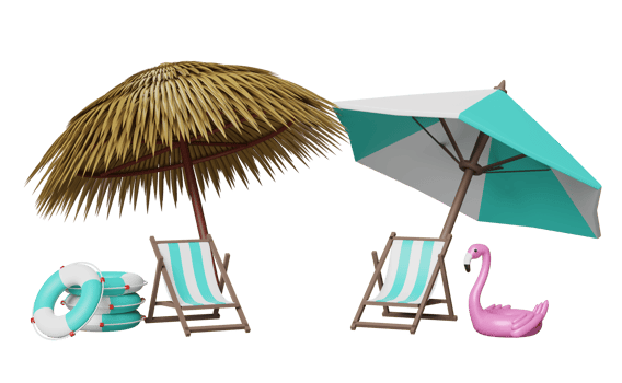 summer travel with beach chair, palm leaf, umbrella, lifebuoy, Inflatable flamingo isolated. shopping summer sale concept, 3d illustration or 3d render png