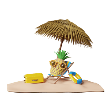beach chair with umbrella, palm tree, lifebuoy, seaside, pineapple, sunglasses, suitcase, island isolated. summer travel concept, 3d illustration or 3d render png