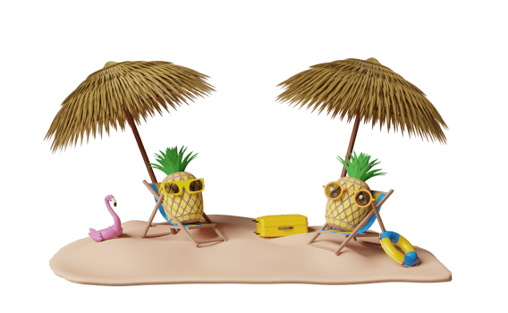 beach chair with umbrella, palm tree, lifebuoy, seaside, pineapple, sunglasses, suitcase, island isolated. summer travel concept, 3d illustration or 3d render png