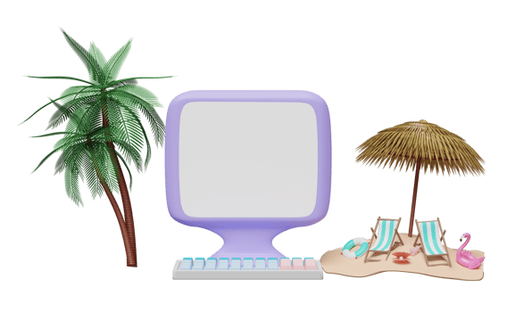 3d laptop computer monitor with beach chair, palm leaf, umbrella, lifebuoy, wallet, credit card, shellfish isolated. online shopping summer sale concept, 3d render illustration png