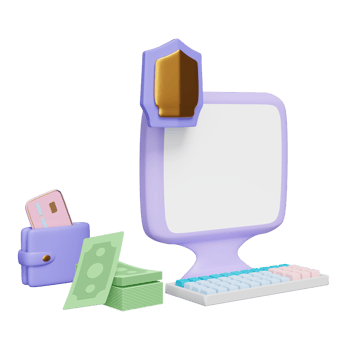 3d computer with golden shield, banknote stacks, wallet, credit card isolated. Internet security or privacy protection or ransomware protect concept, 3d render illustration png
