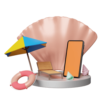 cylinder stage podium with orange mobile phone or smartphone, beach chair, shellfish, lifebuoy, umbrella isolated. online shopping summer sale concept, 3d illustration, 3d render png