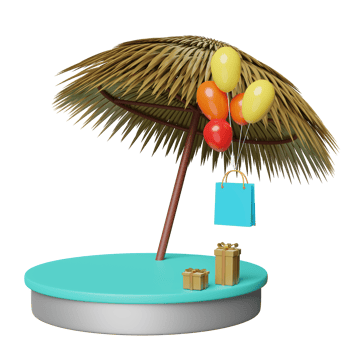 cylinder stage podium with palm leaf, umbrella, shopping paper bags, balloons, gift box isolated. shopping summer sale,summer travel concept, 3d illustration or 3d render png