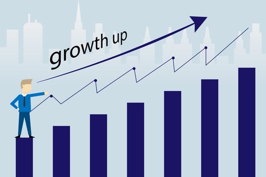 Vector businessman on the graph growth up with arrow city background,Achievement target of leader concept