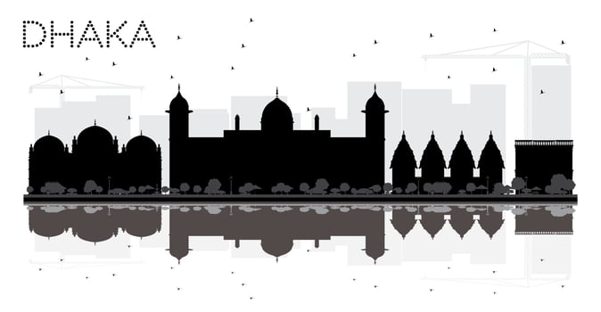Dhaka City skyline black and white silhouette with reflections. vector