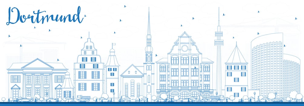 Outline Dortmund Skyline with Blue Buildings. vector