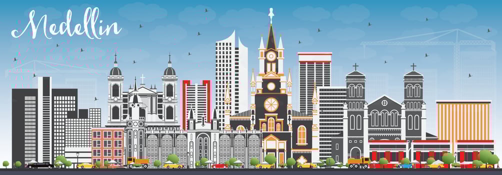 Medellin Skyline with Gray Buildings and Blue Sky. vector