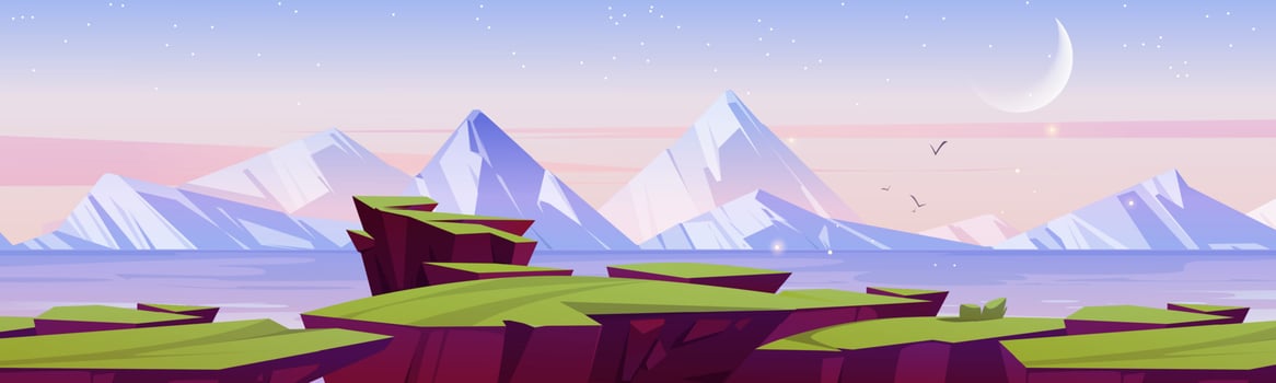 Cartoon nature landscape, morning at mountain lake vector