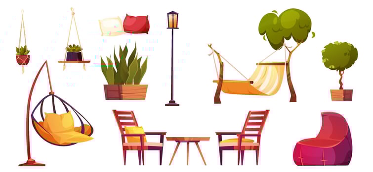 Garden elements isolated vector cartoon icons set