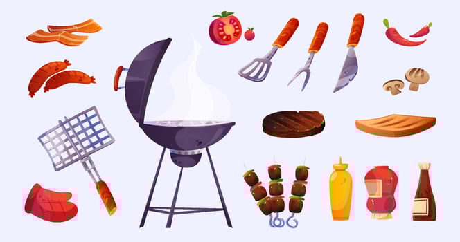 Bbq set, barbecue food and cooking stuff elements vector