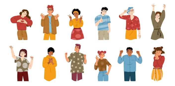 Happy people positive gestures, body language. vector