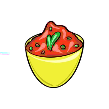 Salsa tomato ketchup in bowl isolated icon. Vector plate with tomato hot chili spicy snack. Sauce-boat portion, bbq catchup. Food condiment sour sweet sauce on plate
