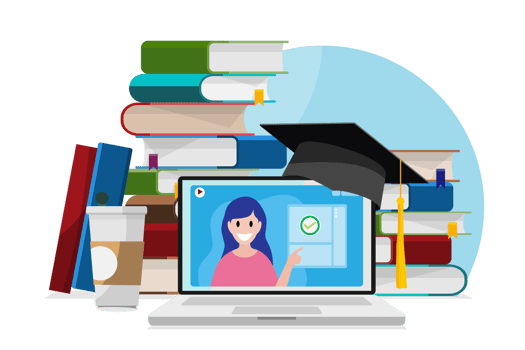 Online education concept, illustration. Study, learning online with laptop, tablet, smartphone and headphones from home. Cozy online learing and education with coffee and learning books png