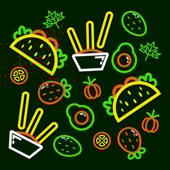Mexican food, fried cheese sticks and tacos outline pattern vector