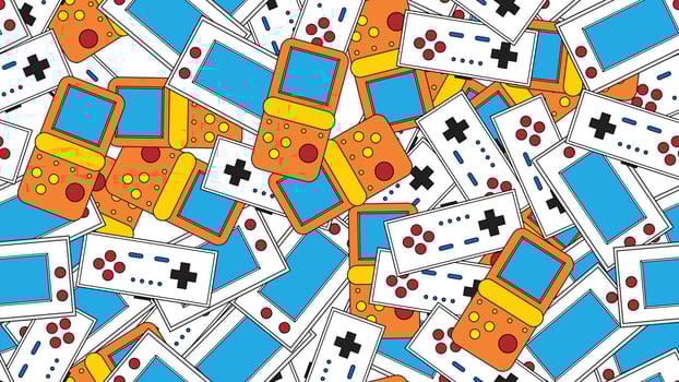 Seamless pattern endless with portable game consoles and joysticks, electronic toys old retro vintage hipster from 70s, 80s, 90s isolated on white background. Vector illustration