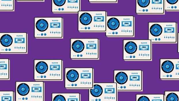 Seamless pattern endless with music audio cassette old retro tape recorders vintage hipster from 70s, 80s, 90s isolated on purple background. Vector illustration