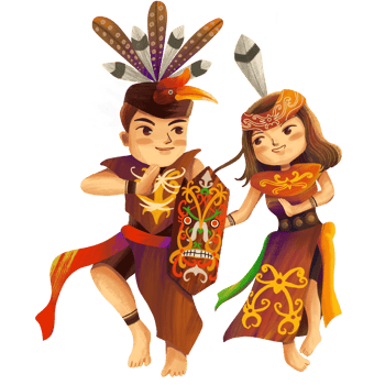 cute couple characters wearing ethnic Dayak clothes png