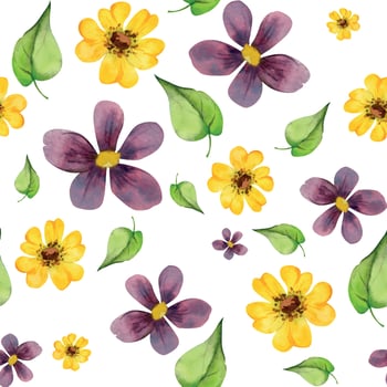 Watercolor hand drawn seamless pattern with green plants, flowers and leaves, isolated on white background. Design for cards, gift bags, invitations, textile, print, wallpaper, for children vector