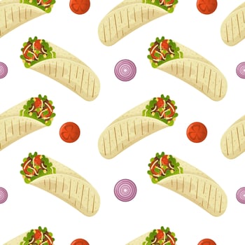 Seamless pattern with Mexican food burrito, onion and tomato rings. Fast food restaurant and street food snacks, meat tortillas, takeaway food delivery vector