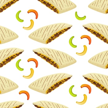 Seamless pattern with mexican food quesadilla and chili peppers. Fast food restaurant and street food snacks, meat tortillas, takeaway food delivery vector