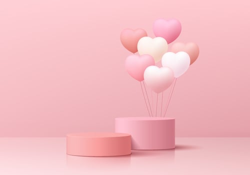 Valentine 3D background with realistic pink cylinder pedestal podium, Floating balloon hearts shape. Pastel minimal wall scene mockup product display. Abstract geometric forms. Round stage showcase. vector