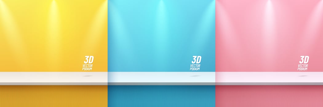 Set of 3D background with white stand podium or desk table on yellow, blue, pink minimal wall scene and spotlight. Abstract vector geometric forms design. Mockup product display. Stage for showcase.