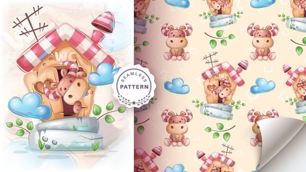 Seamless pattern cartoon character adorable bull in toilet, pretty animal idea for print t-shirt, poster and kids envelope, postcard. Cute hand drawn style cow. vector