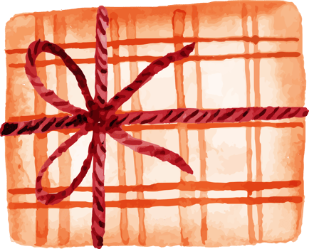 a watercolor drawing of a gift wrapped in a plaid pattern png